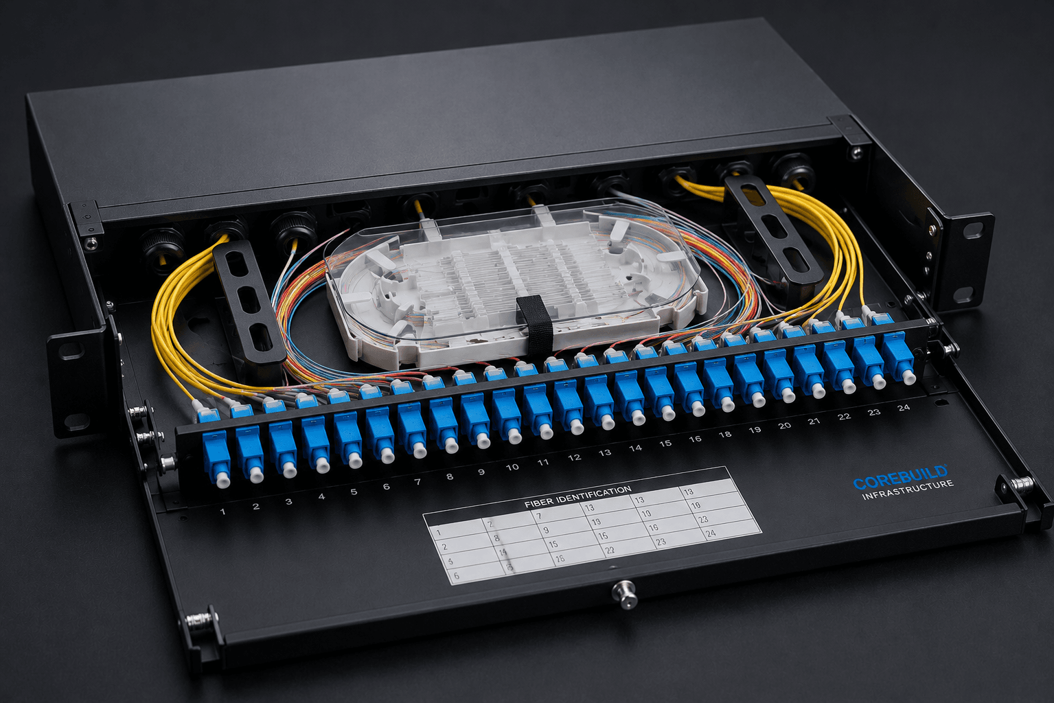 Fibre enclosure hardware for organised termination and patching