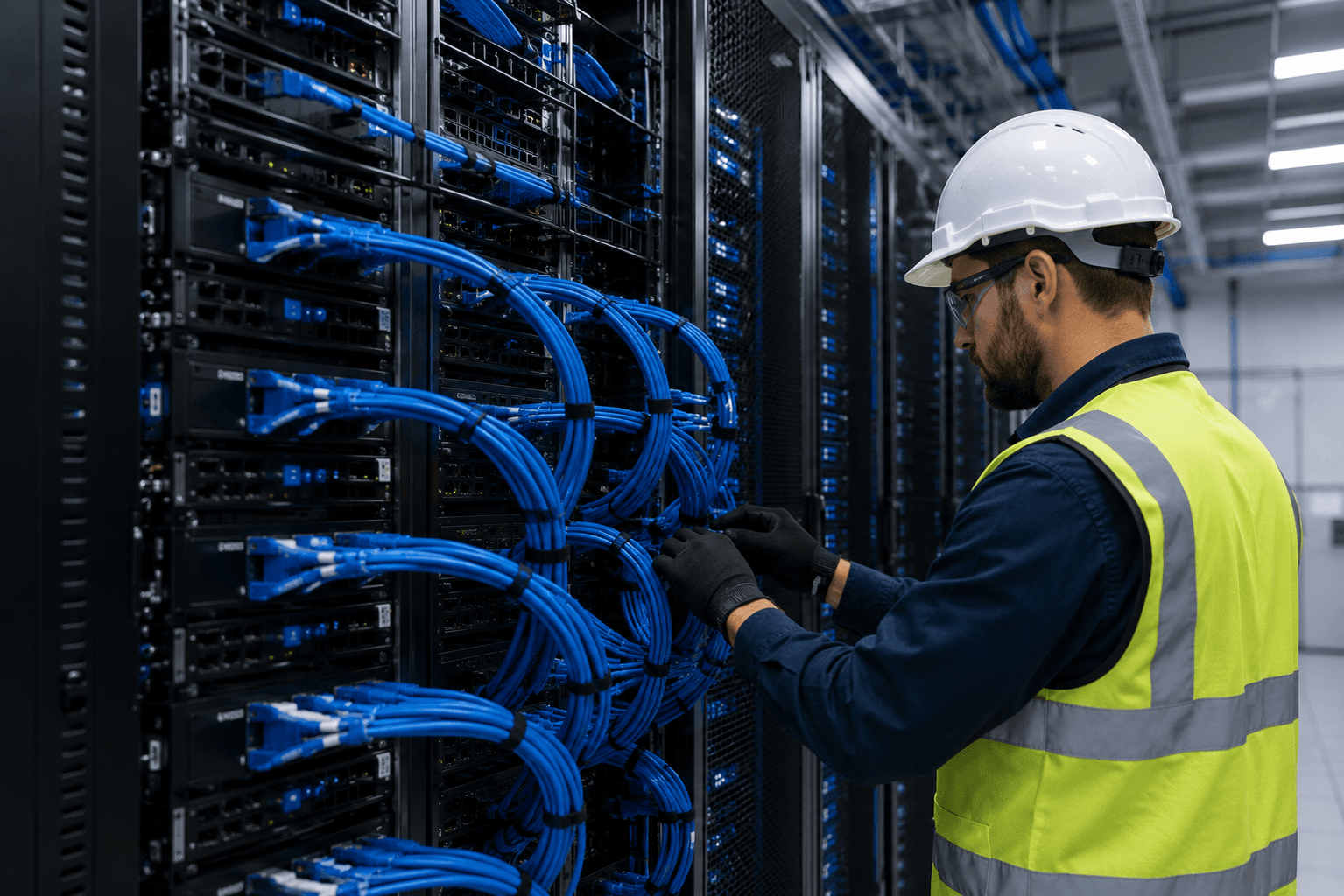 Organised structured cabling installed in a communications rack